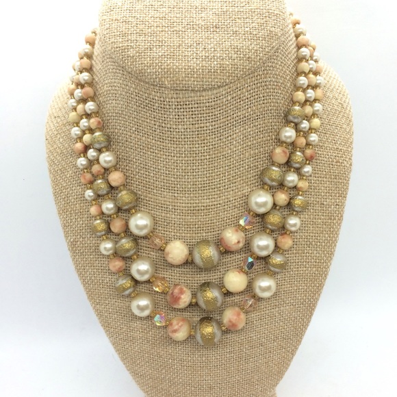 VINTAGE JAPAN 60s BEAD AB AURORA BOUREALIS MULTI LAYER COLLAR CHOKER NECKLACE - Picture 1 of 16